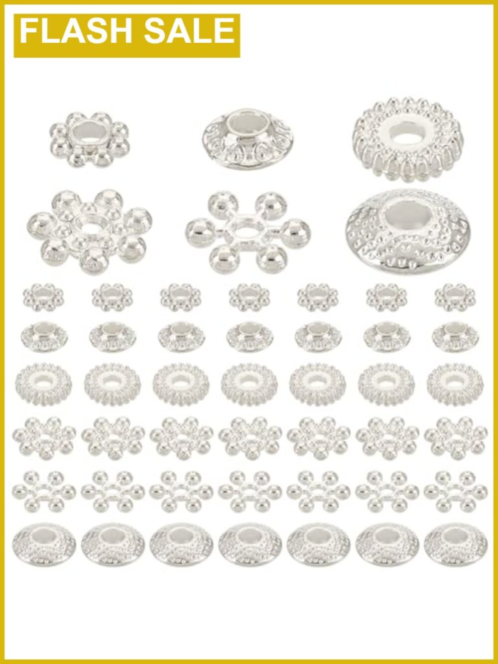 300PCS 6 Styles Alloy Spacer Beads for Jewelry Making, Daisy Snowflake Bicone